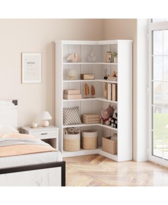 5-Tier Farmhouse Corner Bookshelf, 72.8" L Shaped Wood Display Rack, Half Panel, Living Room, Office