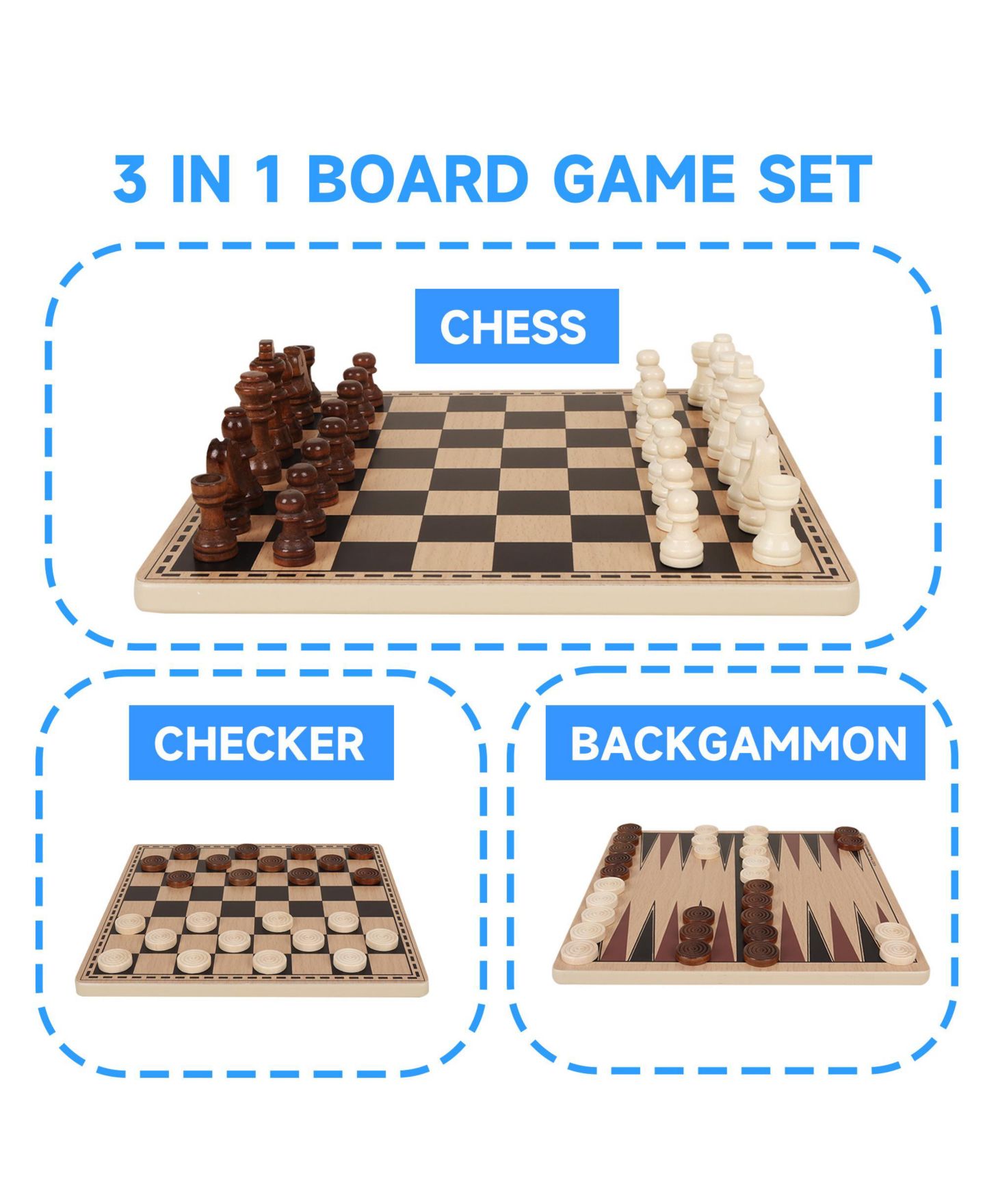 Детские настольные игры GSE Games & Sports Expert 3-in-1 Wood Chess, Checkers & Backgammon Board Game Set, Ages 3+ — фото 3