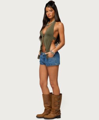 Women's Asymmetric Fringe Sheer Lace Halter Top