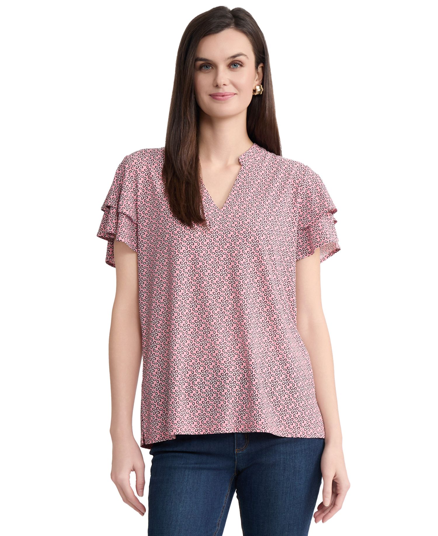 Petite Knit Flutter Sleeve Band Collar Top