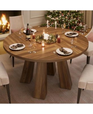 47" Round Dining Table for 4-6, Wood Kitchen Table with Sturdy Base, Farmhouse Circle Dinner Table for Dining Room, Living Room, 4 Strong Legs