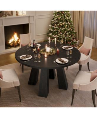 47" Round Dining Table for 4-6, Wood Kitchen Table with Sturdy Base, Farmhouse Circle Dinner Table for Dining Room, Living Room, 4 Strong Legs