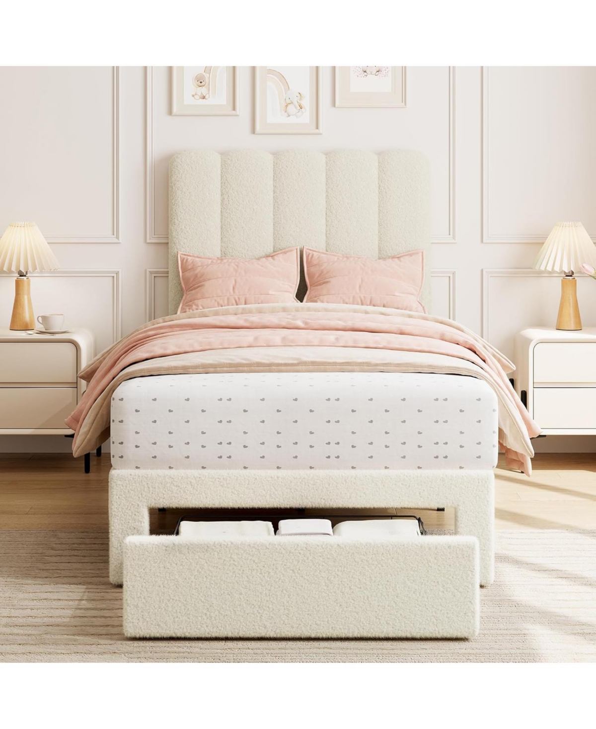 gaomon 2 Sets Twin Bed Frame with Under-Bed Drawer, Upholstered Platform Bed with Wave Headboard Wooden Slats