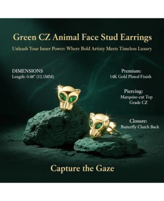 Green CZ Animal Face Stud Earrings in 14K Gold Plated