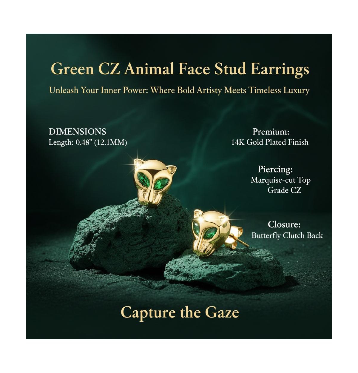 Rachel Glauber Green Cz Animal Face Stud Earrings in 14K Gold Plated
