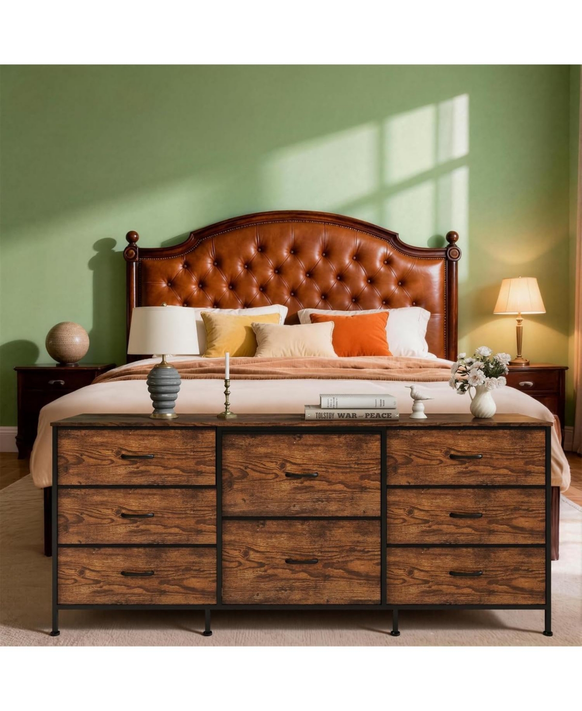 Gaomon 8 Drawer Fabric Dresser Tv Stand with Wooden Top, Metal Frame Storage Chest, Wide Closet Orgzr for Bedroom Living Room Hallway, Natural Wood