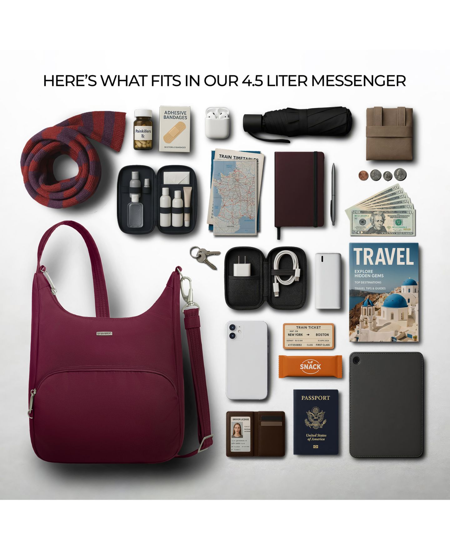 Сумка Travelon Anti-Theft Classic Essential Messenger, цвет: Бордовый — фото 14