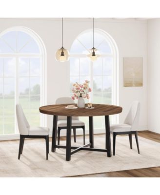 Round Dining Table, Industrial Dinner Table for 4 to 6, Wooden Kitchen Table with Sturdy Metal Frame