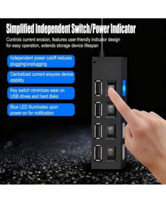 4-Port USB 2.0 Hub with Independent Switches, Portable USB Splitter for Desktop & Laptop, Ideal for Gamers, Office
