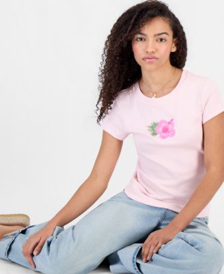 Juniors' Beaded Hibiscus Flower Short-Sleeve Tee