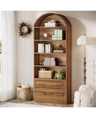 76.8" Tall Arched Bookcase, 5-Tier Bookshelf with File Cabinet Drawer, Modern Freestanding Wooden Bookshelves, Open Display Storage Shelves