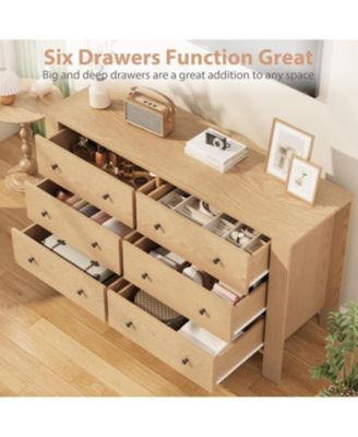 Natural Oak 6 Drawer Dresser for Bedroom, Modern Wide Dresser Organizer with Storage Drawers, Wooden Chests of Drawers for Bedroom