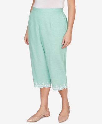 Plus Size Caribbean Blues Eyelet Embroidered Cuff Capri Pants