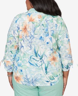 Plus Size Caribbean Blues Tropical Flower Eyelet Tie-Sleeve Top
