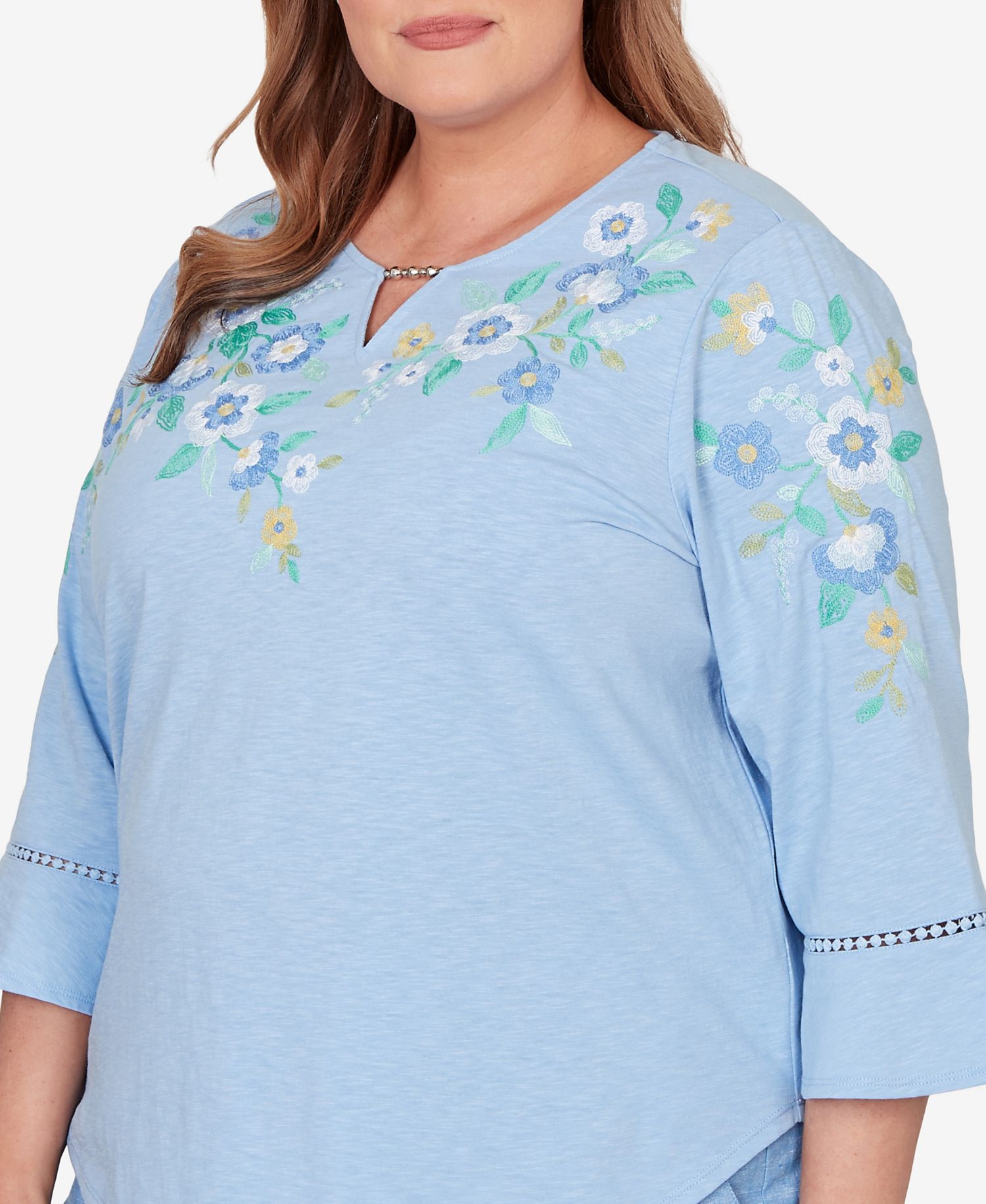 Plus Size Caribbean Blues Floral Embroidered Split Neck Top