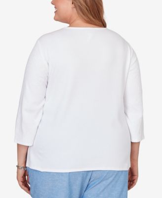 Plus Size Caribbean Blues Embroidered Dragonfly Floral Top