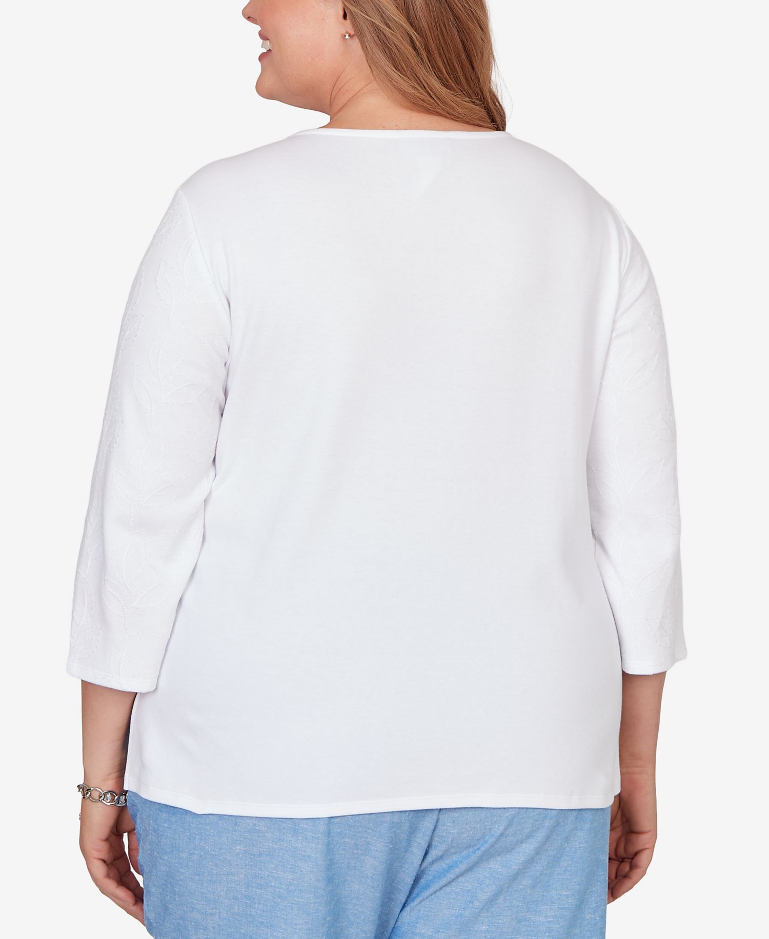Plus Size Caribbean Blues Embroidered Dragonfly Floral Top
