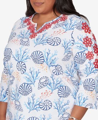 Plus Size Port Side Shell Print Embroidered Top