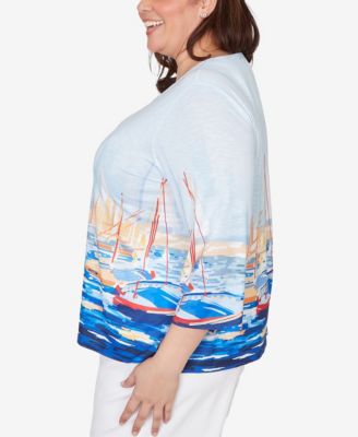 Plus Size Port Side Harbor Scene Printed Top
