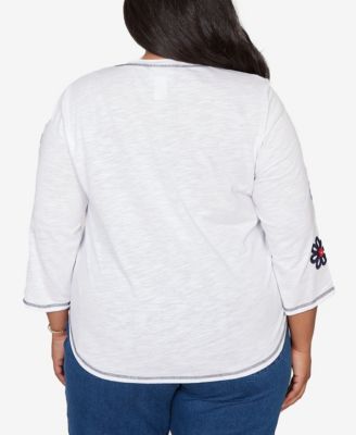 Plus Size Port Side Embellished Floral Button Top