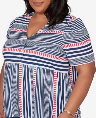 Plus Size Port Side Spliced Mixed Stripe Flutter-Sleeve Top