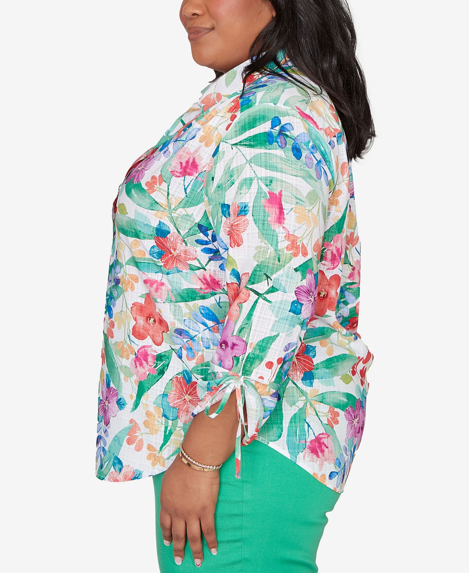 Plus Size Resort Living Tropical Print Tie-Sleeve Button-Front Top