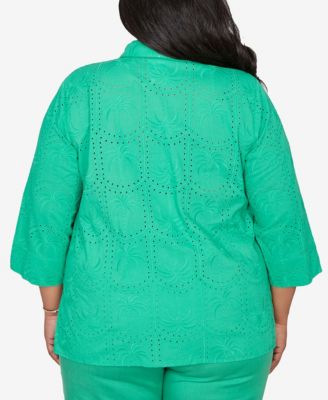 Plus Size Resort Living Eyelet Palm Tree Button-Front Top