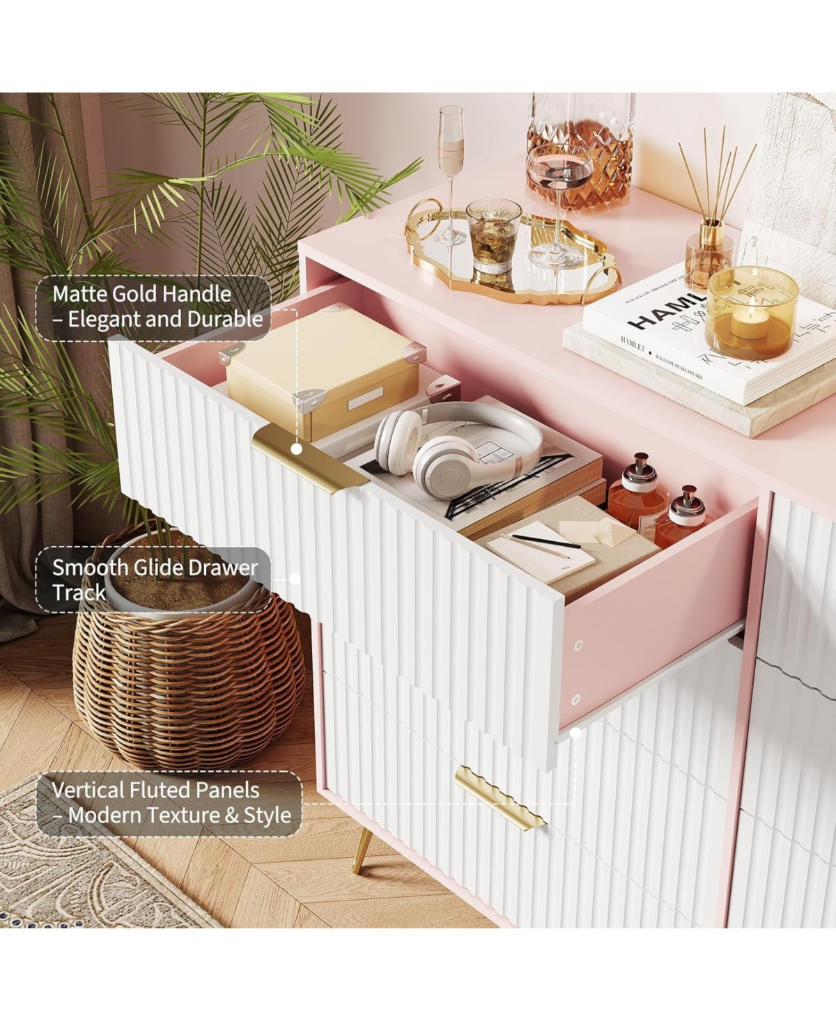 Draft - gaomon Fluted 8-Drawer Dresser for Bedroom, 55" Wide Modern Minimalist Chest of Wooden Drawers,Wide Clothes Storage Organizer