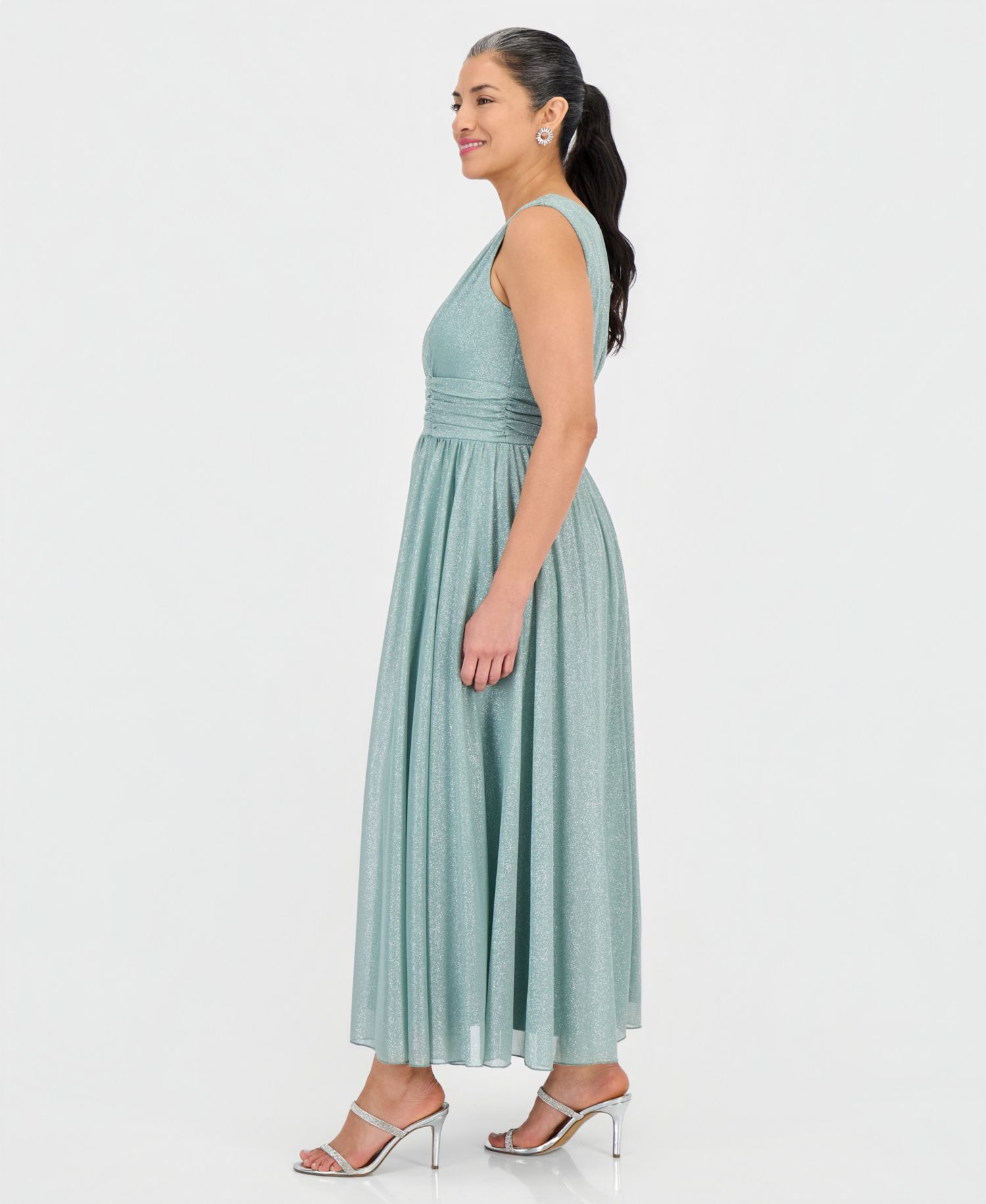 Petite Surplice-Neck Sleeveless Shimmer Dress
