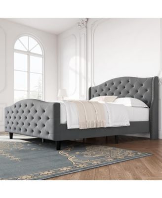 Queen Size Bed Frame with Headboard and Footboard, Tufted Wingback Headboard, Velvet Upholstered Platform Bed
