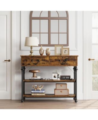 Entryway Table with Drawers and Storage Shelves, Narrow Console Table for Hallway, Living Room, or Behind Sofa, Rustic Brown Small Entry Table