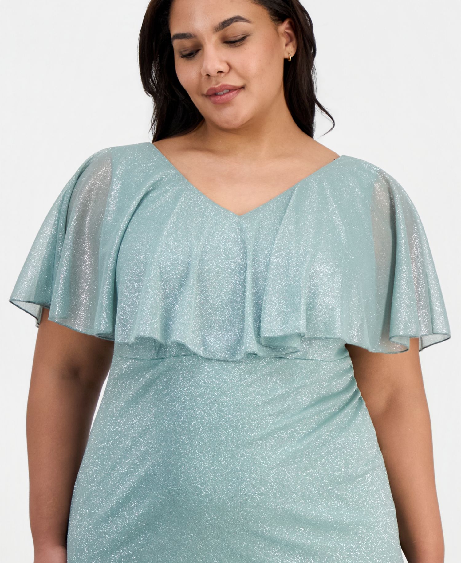 Plus Size Cape-Overlay V-Neck Glitter Dress