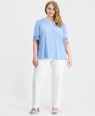Plus Size Split-Neck Lace-Trim Elbow-Sleeve Top