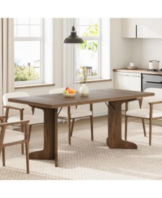 71" Large Dining Table for 6, Farmhouse Kitchen Table with Padded Top and Unique V-Shaped Feet, Rectangular Wooden Dining Table for 8 People