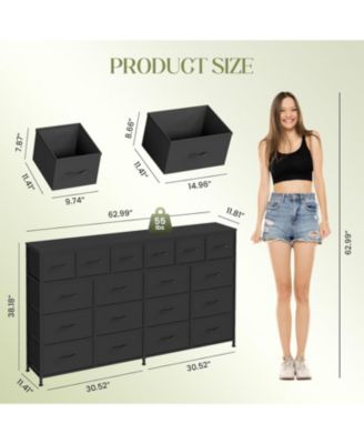 Hetoy 63 Inches Fabric Dresser TV Stand with Charging Station - 18 Drawer Long Dresser for Bedroom - Chest of Drawers for Living Room