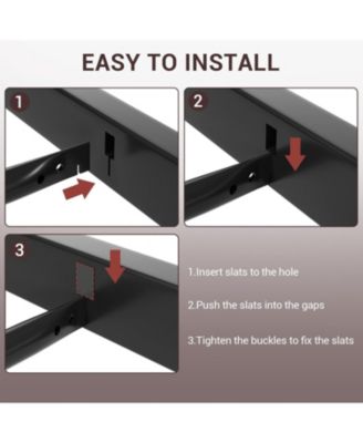 Queen Upholstered Metal Bed Frame with Square-Stitched Headboard, Faux Leather Platform Bed with Steel Slats Support, Box Spring Optional