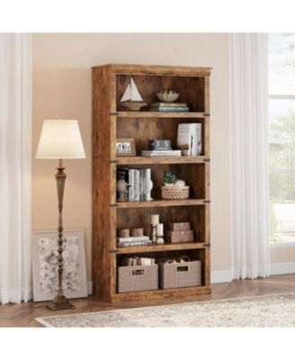 67.4" Tall 5-Tier Farmhouse Bookcase - Wooden Bookshelf with Open Display Shelves and Storage, Freestanding Home Office, Living Room