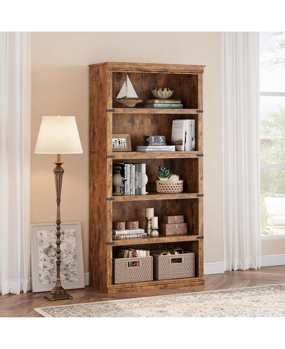 gaomon 67.4" Tall 5-Tier Farmhouse Bookcase – Wooden Bookshelf with Open Display Shelves and Storage, Freestanding Home Office, Living Roo