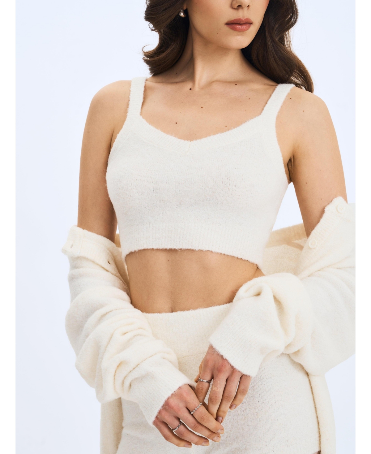 Miss Circle Women's Selene White Wool-Blend Ribbed Knit V-Neck Top