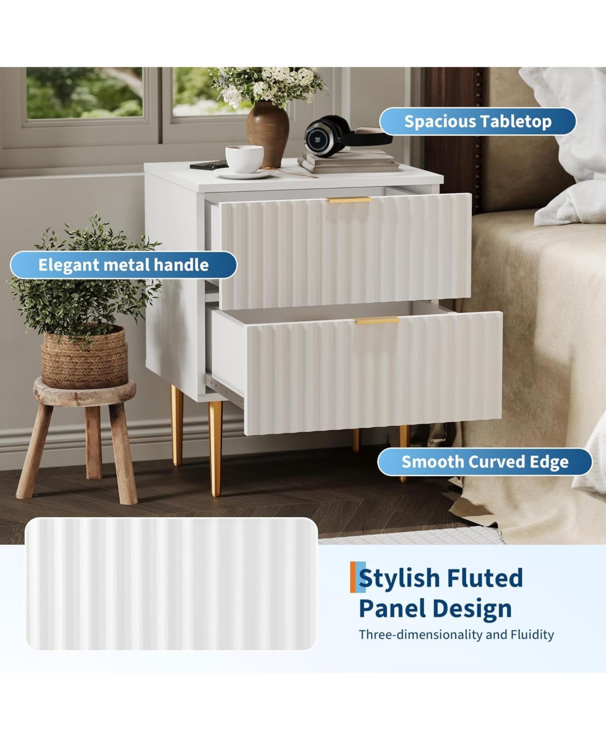 gaomon Charging Station & 2 Drawers, Wood Bedside Table with Usb Ports & Outlets - Modern Fluted Nightstand