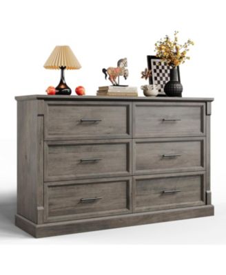 Grey 6 Drawer Dresser for Bedroom, 47.2'' Farmhouse Chest with Metal Handles, Rustic Wood Storage Organizer