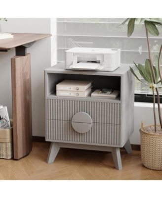 Fluted Night Stand Set of Wood Tall Nightstands with Charging Station, End Table with 2 Drawers