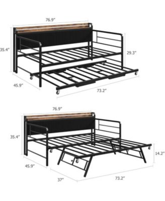 Daybed with Trundle and LED Light, Sturdy Metal Twin Size Bed Frame with Corduroy Upholstered Headboard and Charging Station