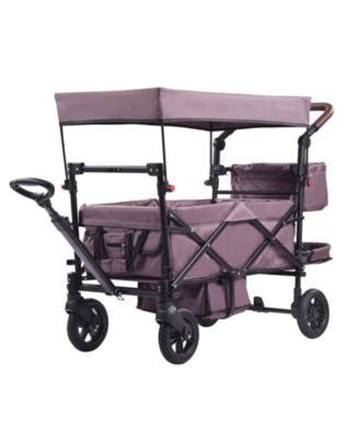 Wagon Stroller for 2 Kids, Collapsible Push Pull Quad Stroller with Adjustable Handle, Harness, Removable Canopy, 4 Wheels with Brakes