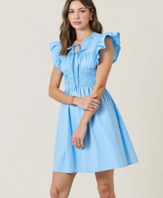 Women's Smocked Ruffle Sleeve Front Tie Mini Dress