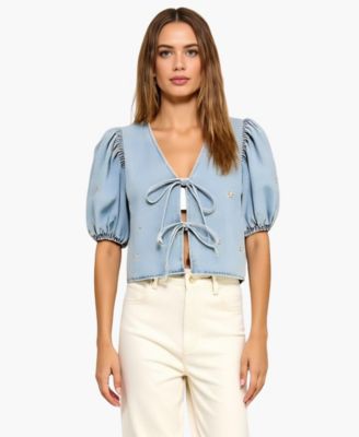 Women's Embroidered Puff Sleeve V-Neck Tie-Front Top