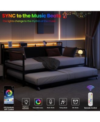 Daybed with Trundle & LED Light, Sturdy Metal Frame, Corduroy Headboard, USB Charging