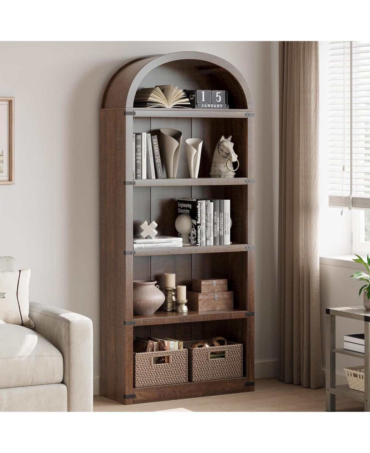 gaomon 71" Tall 5-Shelf Arched Bookcase – Farmhouse Wooden Bookshelf with Display Storage Rack, Freestanding for Home Office, Liv