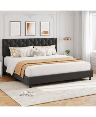 California King Upholstered Platform Bed Frame with Headboard, Heavy-Duty Wooden Slats, Noise Free, No Box Spring Needed, Easy Assembly