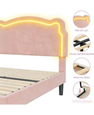 Twin Upholstered Smart LED Bed Frame with Velvet Princess Headboard, Wooden Slats Support, No Box Spring Needed